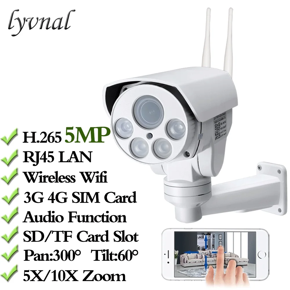 4G 3G SIM Card Camera Wifi Outdoor PTZ H.265 5mp Bullet Camera Wireless IR 50M 5X 10x Zoom Auto Focus CCTV Wifi IP Camera Audio