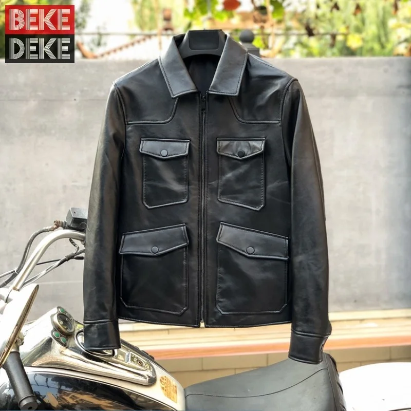 100% Luxury Genuine Leather Sheepskin Motorcycle Lapel Slim Jacket ...