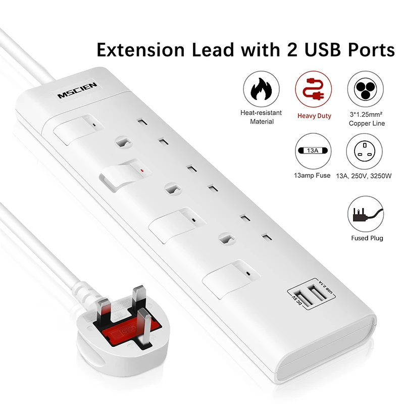 Extension Lead Individual Switch Outlets Socket Surge Wall Mounted Power Strip 