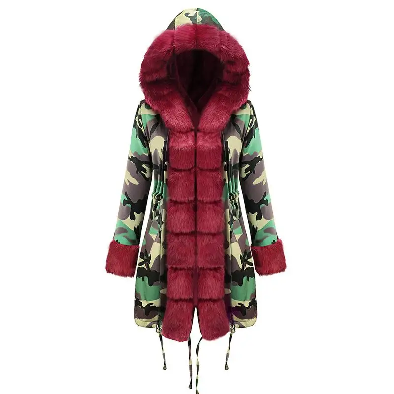 19d012 army green Камуфляжная зимняя куртка, женская верхняя одежда, парка с меховым воротником, Женское пальто размера плюс, облегающее теплое длинное пальто, модная зимняя одежда для женщин - Цвет: 19d012 army green