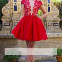 Красные платья для выпускного вечера трапециевидной формы с рукавами-крылышками короткий мини-Тюль Кружева Элегантные коктейльные платья