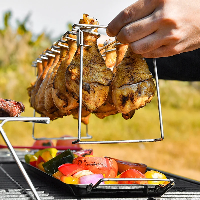 Pakoula Chicken Leg & Wing Grill Rack BBQ Stainless Steel 14 Slots Drumsticks Roaster Stand with Drip Tray for Grill Smoker Or Oven A 