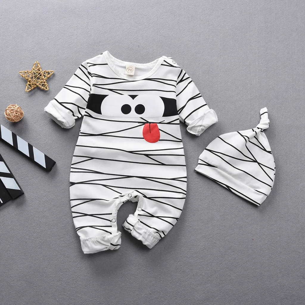 newborn clothes winter long sleeve set Infant Baby Girls Boys Cartoon Stripe Romper+ Hat Outfits Costume Set ropa recien nacido