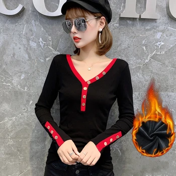 

Fashion European Tshirt Women 2019 Autumn Winter Patchwork Button Cotton Tops Clothes With Fleece Tees Bottoming Shirt T90012
