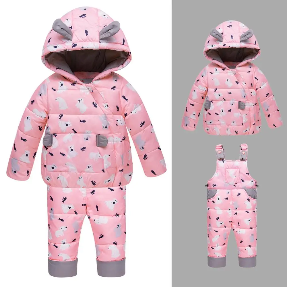 

Children's duck down Outerwear&Coats with cap+Bib pants 2pcs boys girls winter warm set kids down bear printed suits