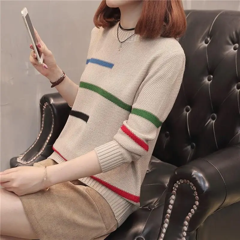 2019 Осень Зима Женский пуловер красивый полосатый джемпер свитер Повседневный