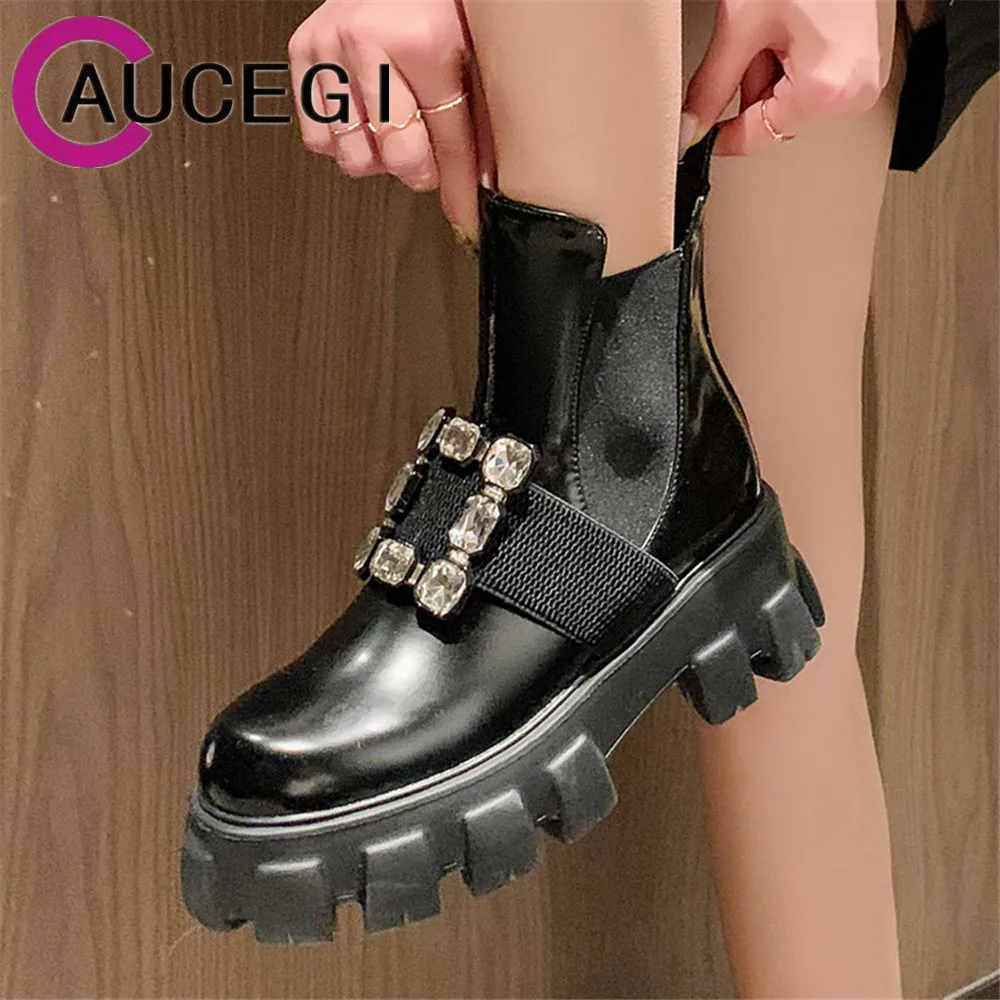 

Aucegi Women Crystal Ankle Boots Female Elastic Band Slip On Ladies Platform Thick Heels High Quality Leather Rhinestone Shoes