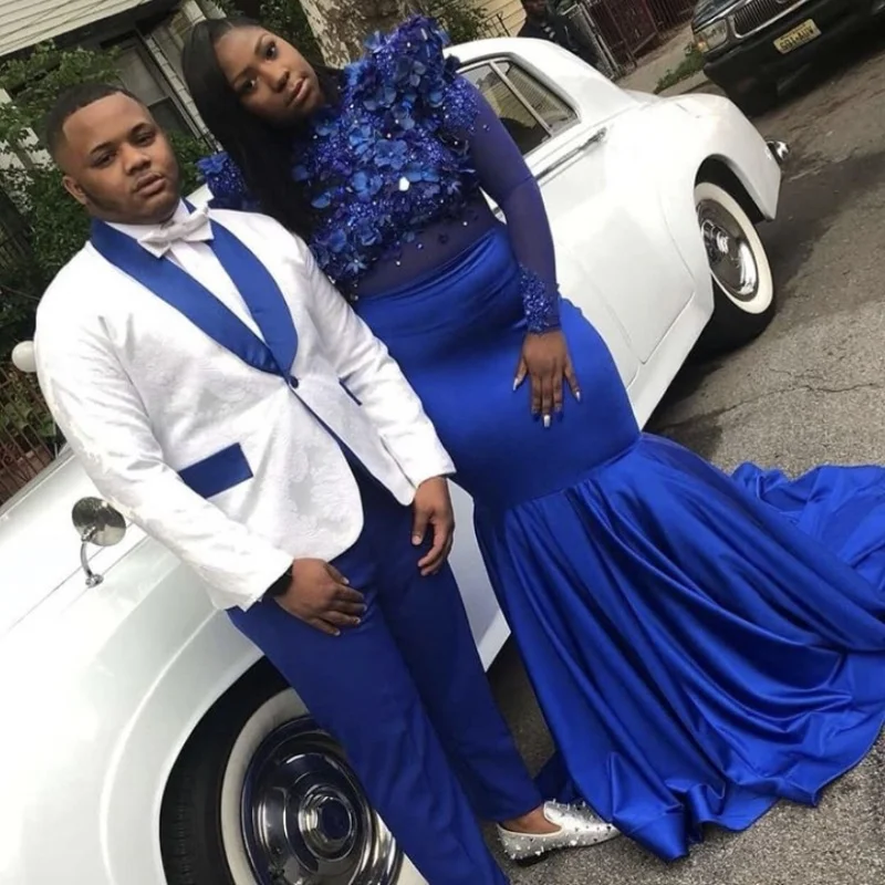 Royal Blue Long Mermaid Prom Dresses New Long Sleeve Beading Flowers Sweep Strain Formal Evening Gowns Party Dress
