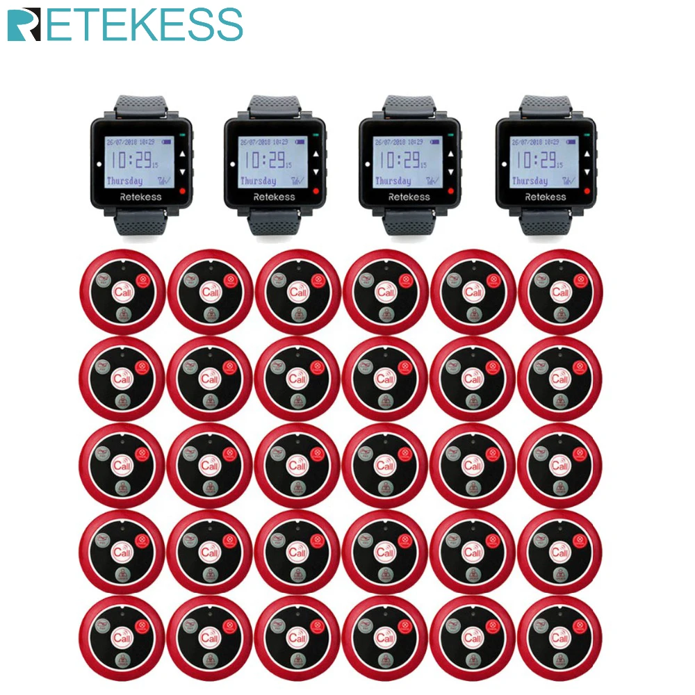 

RETEKESS Restaurant Waiter Calling System Wireless Table Bell Pagers 4 Watch Receiver + 30 Call Button Customer Service Beepers