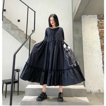 

Women Dress 2020 New Summer Short Sleeve O-neck Plus Size Loose Casual Print Black Dress Female Streetwear Gothic Long Dress