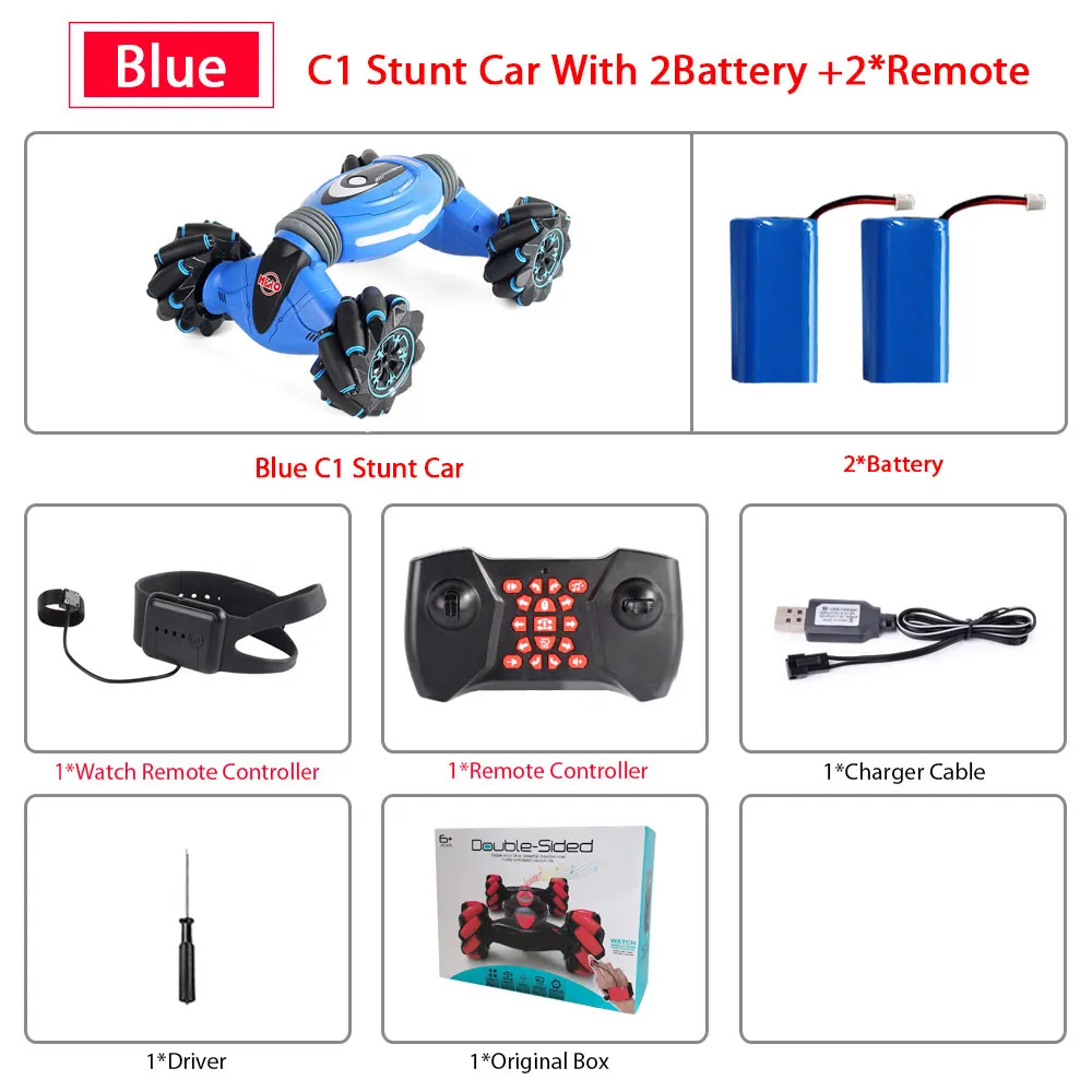 Remote Control Stunt Car Gesture Induction Twisting Off-Road Vehicle Light Music Drift Dancing Side Driving RC Toy Gift for Kids - Color: BLUE 2Remote 2B