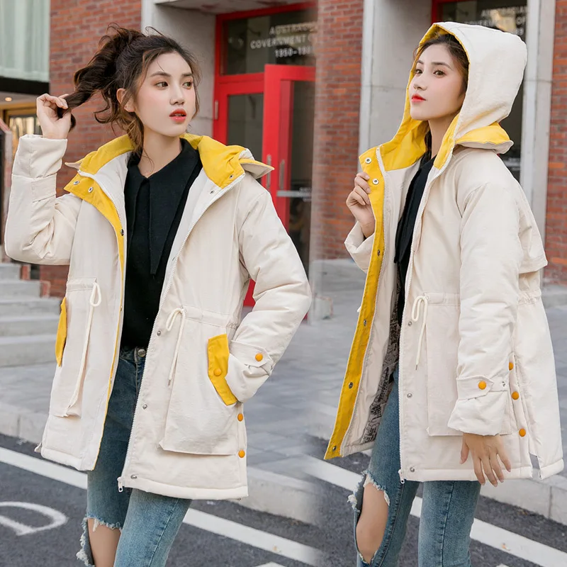 

Winter Students Cotton-padded Clothes 2019 New Style Casual WOMEN'S Dress Mid-length Loose-Fit Long Sleeve Hooded Cotton Jacket