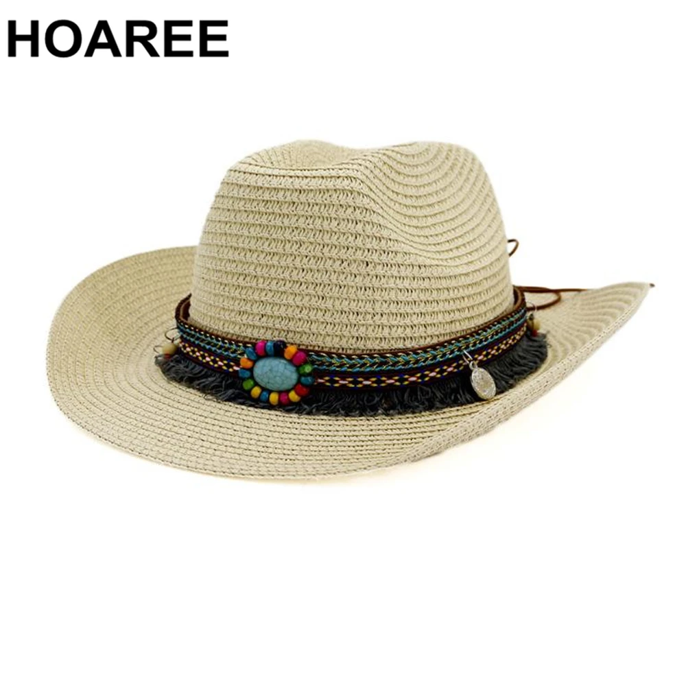 

HOAREE Cowgirl Cowboy-Hat Sombreros Western Cap Wome New-Straw Jazz Ethnic Style Beige Summer Beach Straw Sun Hats