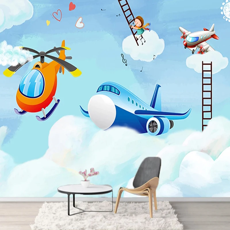 

Drop Shipping Photo Wallpaper Modern Simple Cartoon Airplane Children's Room Background Wall Covering Waterproof 3D Stickers
