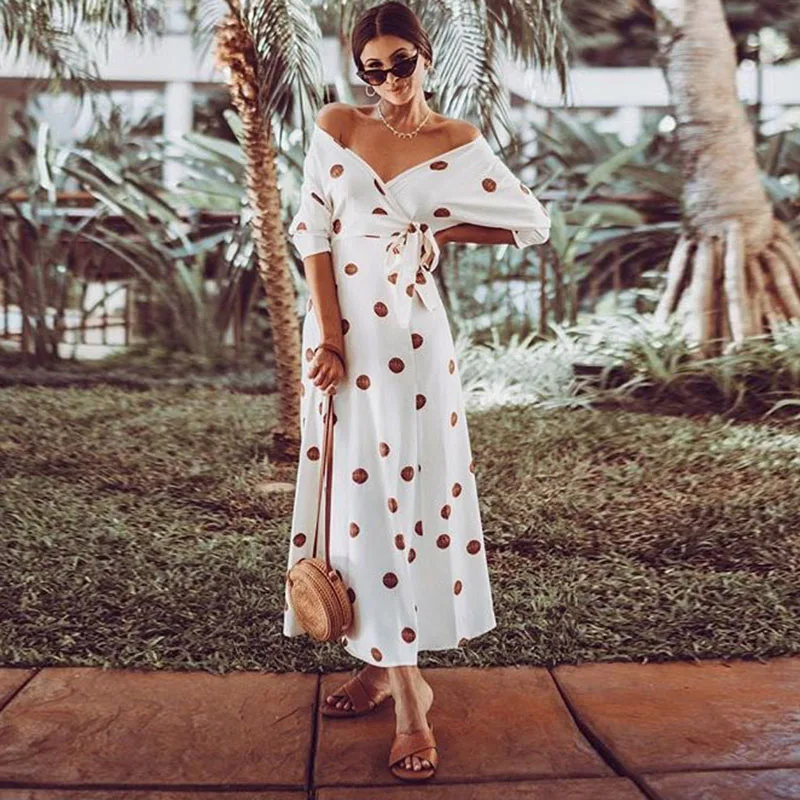 

Sexy Off-shoulder Lace-up V-Neck A-Line Maxi Dress Half Sleeve Polka Red Dot Printed White Dress with Sashes Spring Autumn Dress