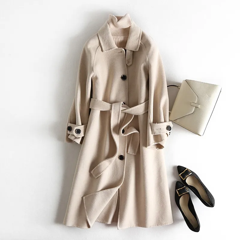 beige Женское однобортное Модное Длинное Пальто из шерсти, офисное шикарное шерстяное пальто в Корейском стиле с поясом, Тренч цвета - Цвет: beige