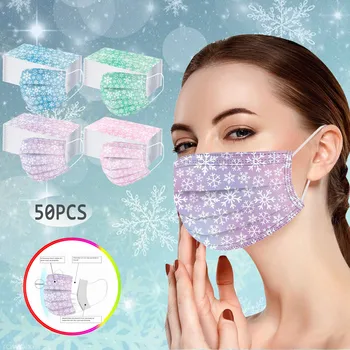 

50pc Adult Christmas Disposable Mask Plaid Snow Printed Mascarillas Cover Mask Three-layer Dust-proof Breathable Health Care