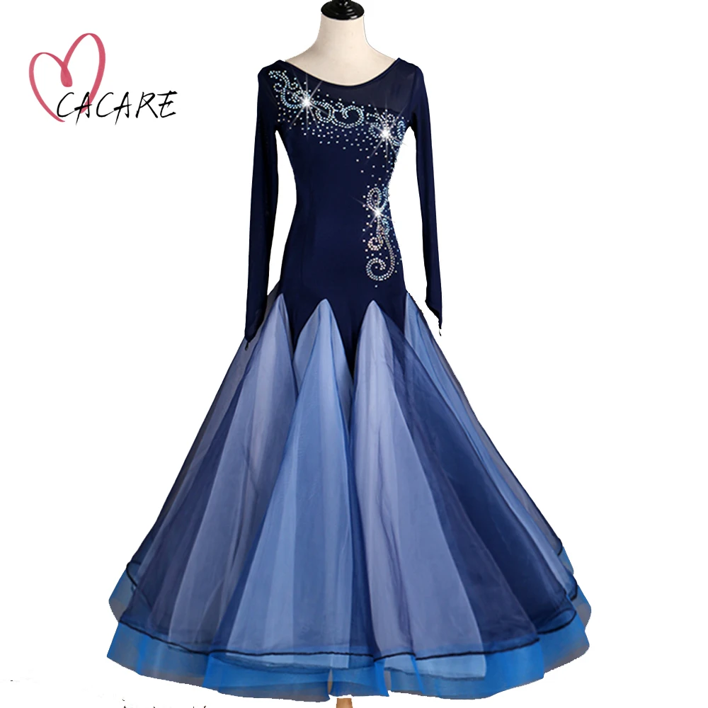 

Customize Ballroom Waltz Dresses Flamenco Dance Competition Dresses Ballroom Dress Standard Mesh Sleeve Big Sheer Hem D0484