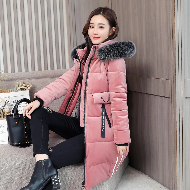 

Gold Velvet Mid-length down Jacket Winter New Style Fat Mm down Jacket Cotton-padded Clothes WOMEN'S Coat Cotton-padded Jacket F