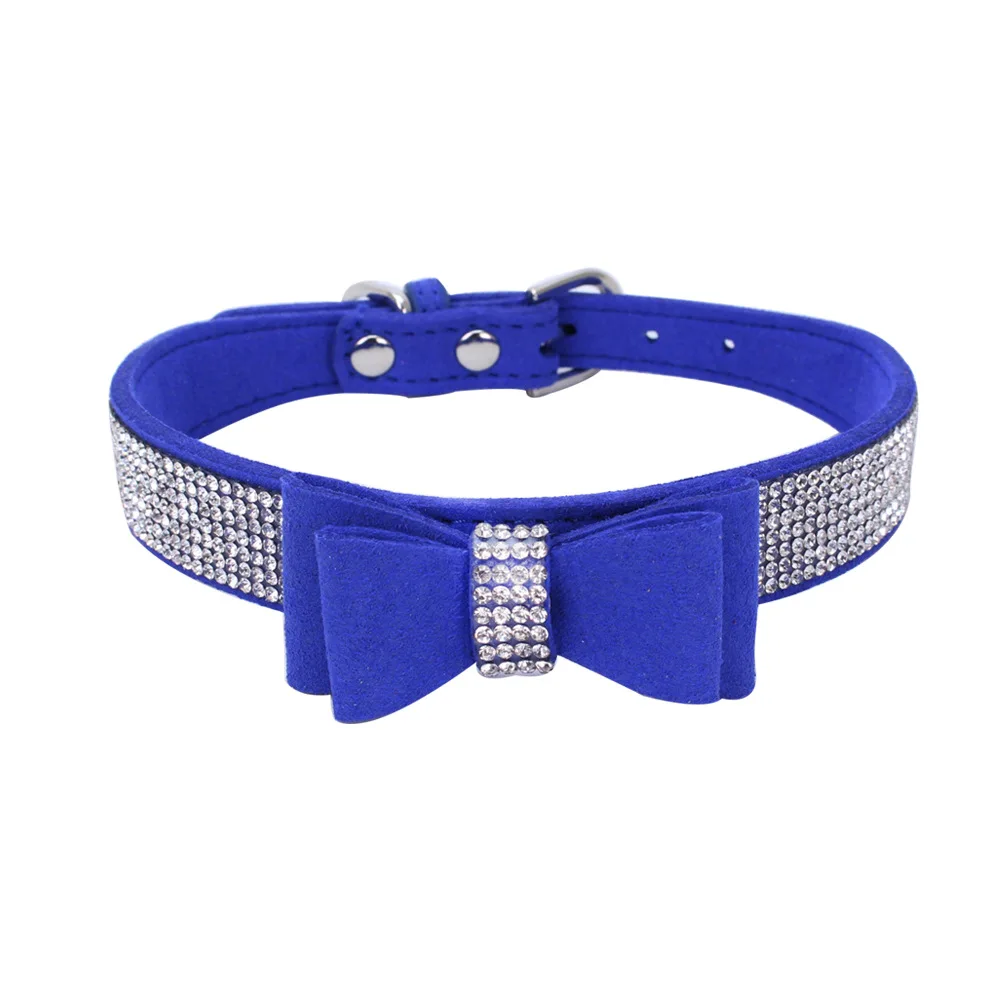 Bling Rhinestone Pet Collars Adjustable PU Leather Double-layer Microfiber Bowknot Cat Dog Collars For Small Medium Dogs Cats - Цвет: Dark blue