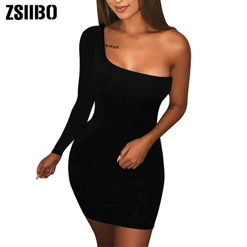 ZSIIBO 2019 Womens Casual Basic One Shoulder Tank Top Bodycon long sleeve sleeveless Mini Club Dress drop shipping