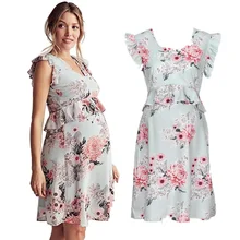 Модные женские платья для беременных женщин с цветочным принтом, круглым вырезом и кружевными рукавами, платье для беременных, повседневная одежда для беременных