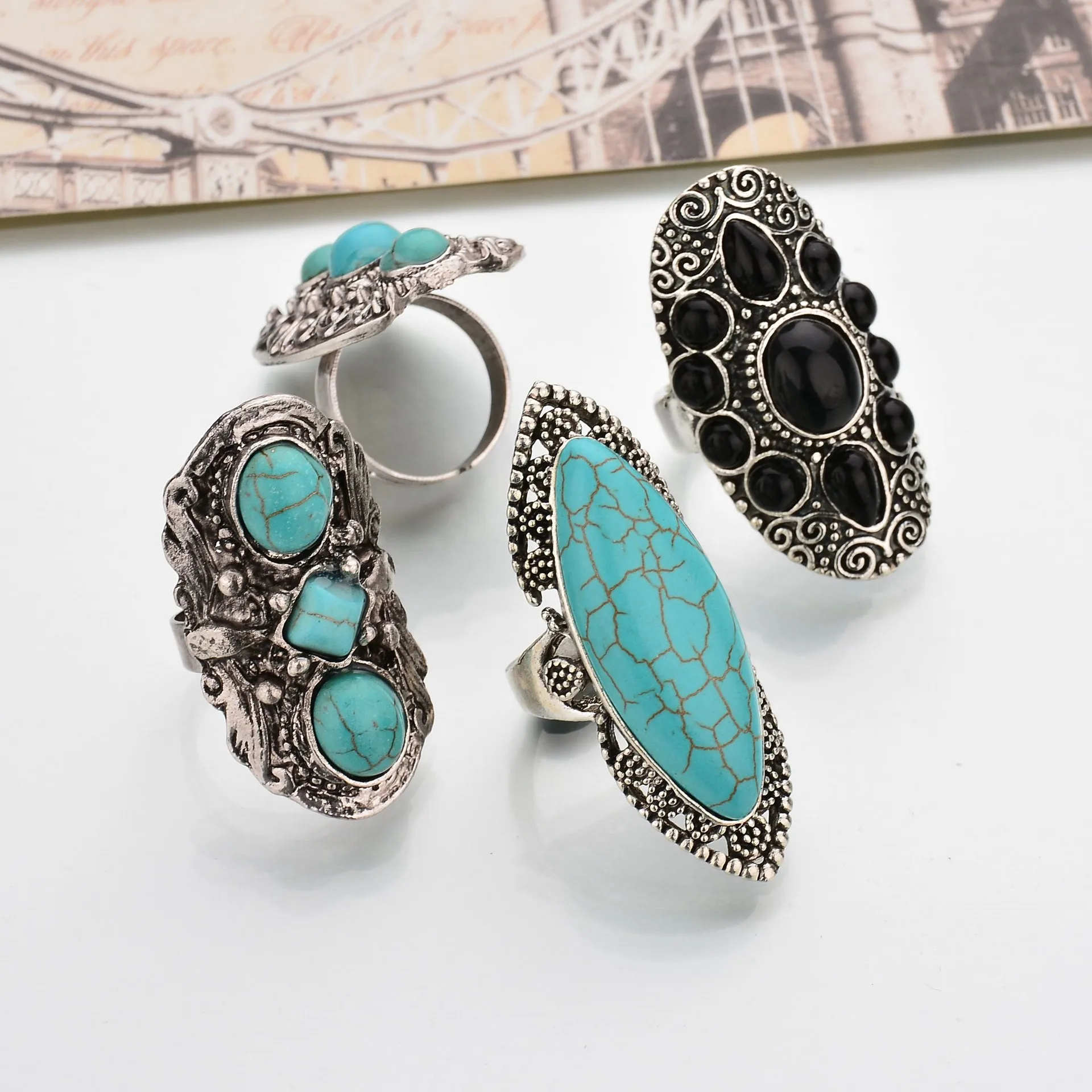 2020 NEW vintage ethnic Big geometric statement ring Bohemia Blue stone punk charm Ring Women party jewelry | Украшения и
