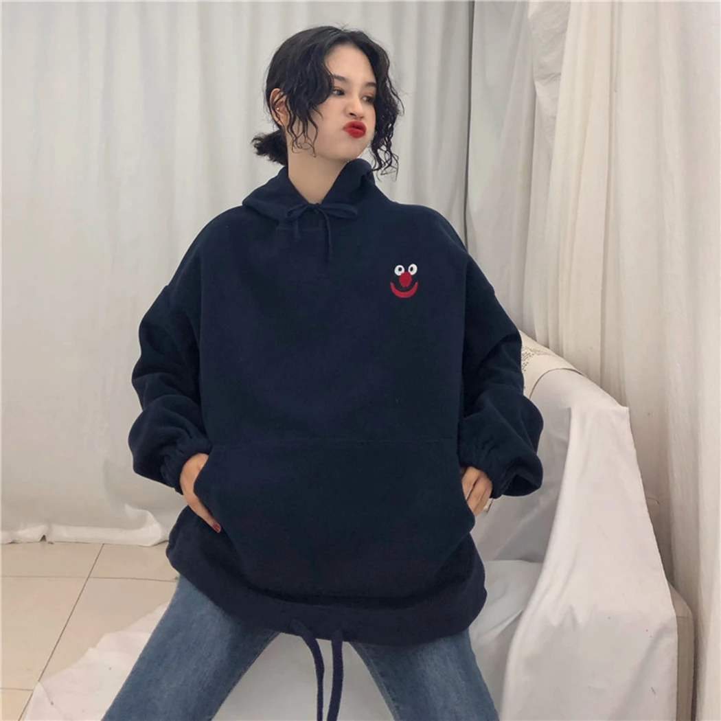 Embroidered Cartoon Hoodies Women Trendy Pockets Loose Sweetshirt Womens Cute Long Sleeve All-Match Lovely Streetwear Female