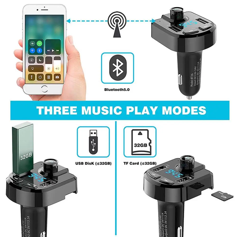 Автомобильный fm-передатчик Bluetooth 5,0 портативный fm-адаптер Громкая связь fm-передатчик Bluetooth умный приемник