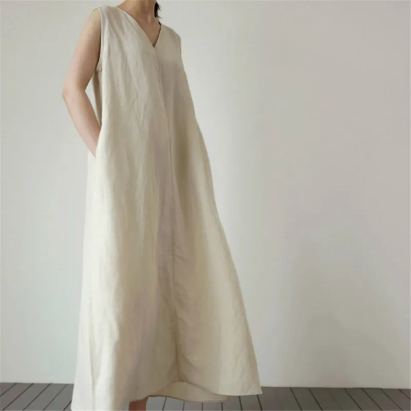 Cotton Linen Women Dress Pocket Solid Loose V-Neck Sleeveless Summer Korean Long Robe Dress For Women