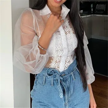 

YYXZ Spring Fashion Loose Transparent Mesh Patchwork Lace Single-breasted Long Sleeve SML Lapel Woman Casual Shirt Lady Blouses