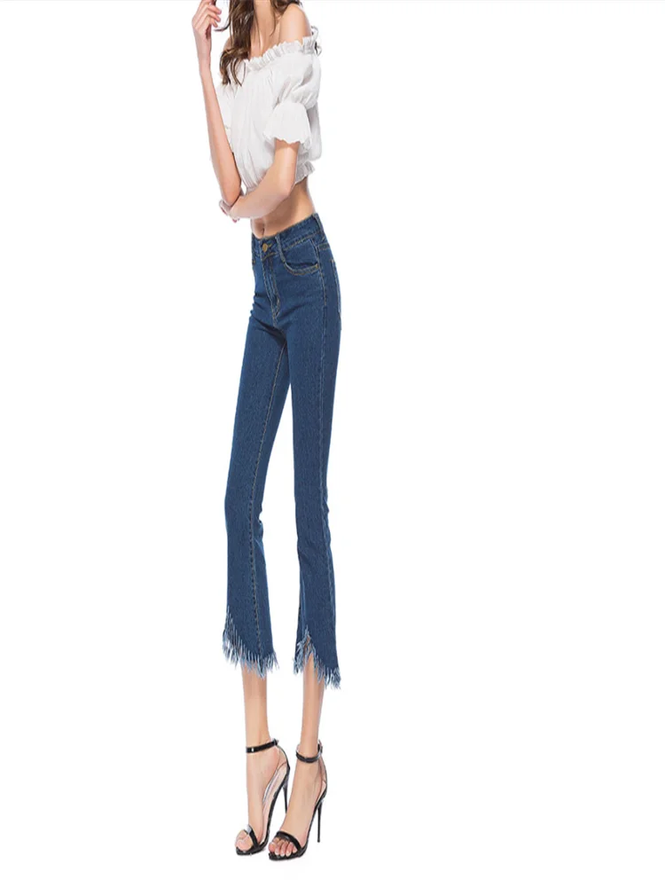 2021 Blue Fringed Flare Bottom Pants 