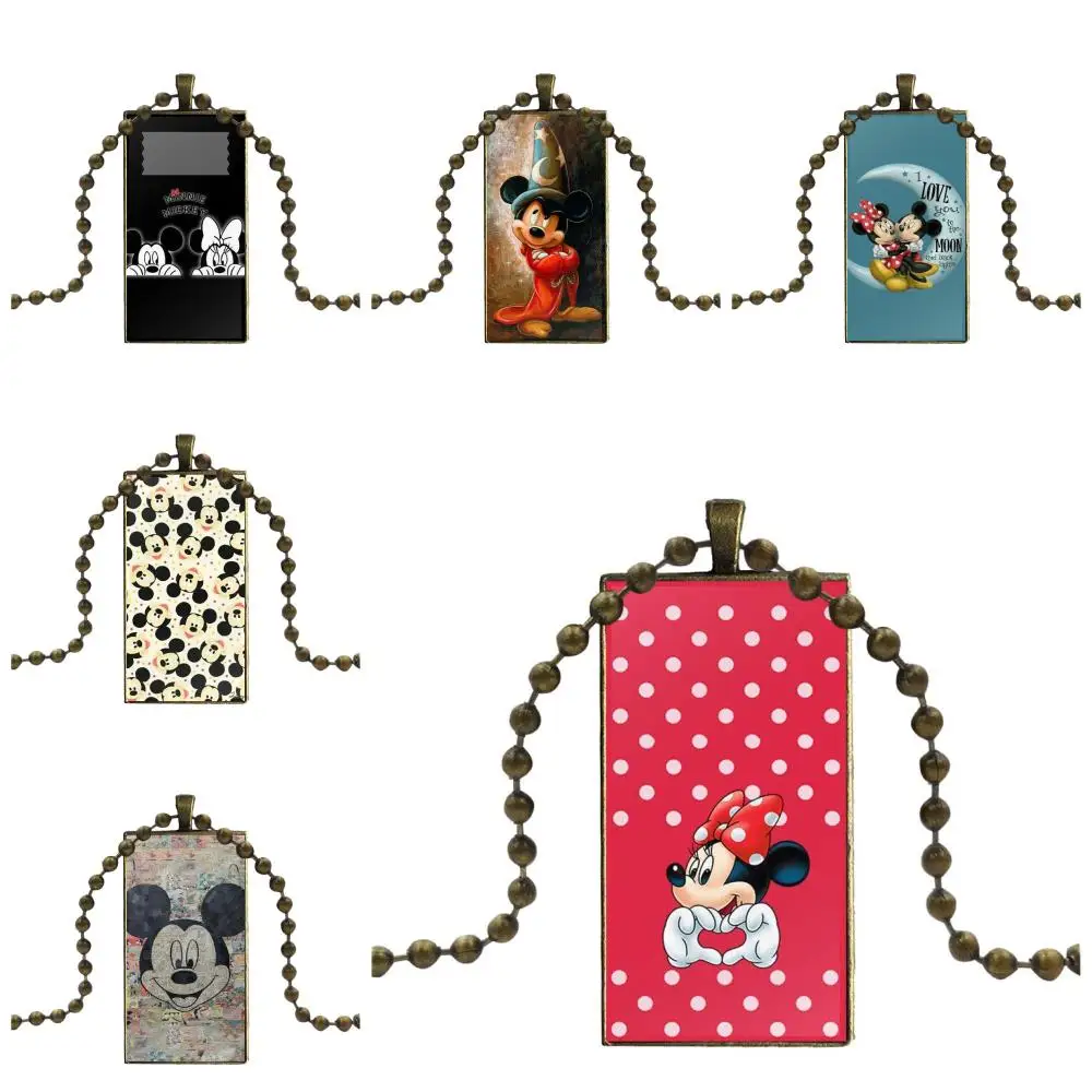 

Lover Mickey Minnie Mouse Jewelry With Bronze Plated Glass Cabochon Choker Long Pendant Rectangle Necklace For Girls