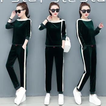

Solid Velvet 2 Piece Set Women Fall Outfits New Collar Design Tops+ Drawstring Pants Suit Female Winter Clothing Tracksuit Set