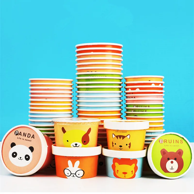 

50pcs High quality cartoon ice cream bow 3oz/5oz/8oz disposable ice cream paper cup thick yogurt dessert packaging cups with lid