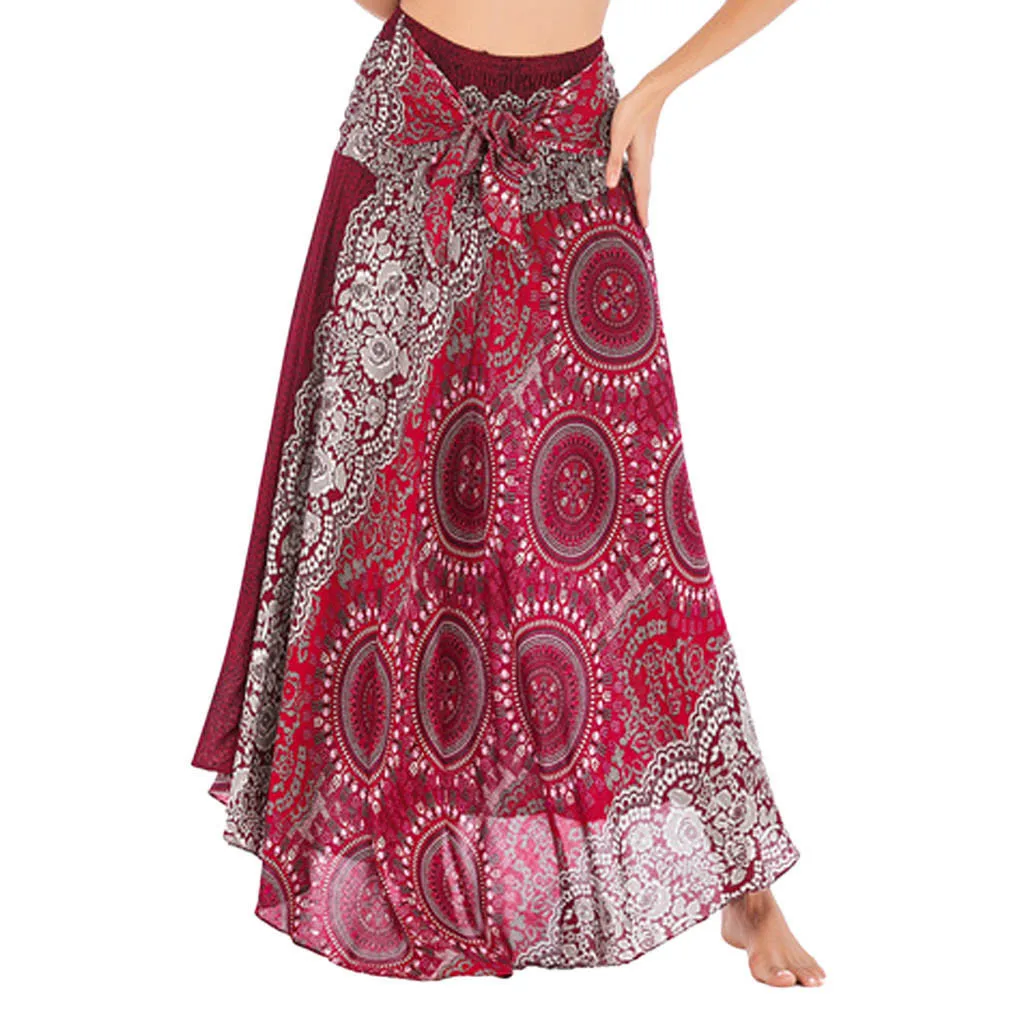 Новинка, Женская юбка с высокой талией и цветочным принтом, длинная юбка в стиле хиппи бохо, Цыганская юбка с цветочным принтом, эластичная юбка в стиле бохо - Цвет: Red