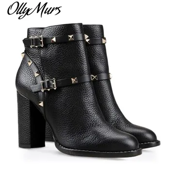 

Black Rivet Ankle Boots For Women Thick High Heel Fashion Short Boots Ankle Strap Studded Spikes Shoes Woman bota feminina