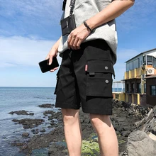 Мужские пляжные шорты Карго для отдыха, Летние черные хлопковые шорты, мужские свободные шорты с несколькими карманами, мужские повседневные шорты-бермуды