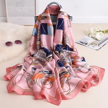 

Carriage Pattern Women Silk Designer Scarfs 2020 Luxury Navy Pink Shawl Stole Pashmina Hijab Bandana Foulard Femme