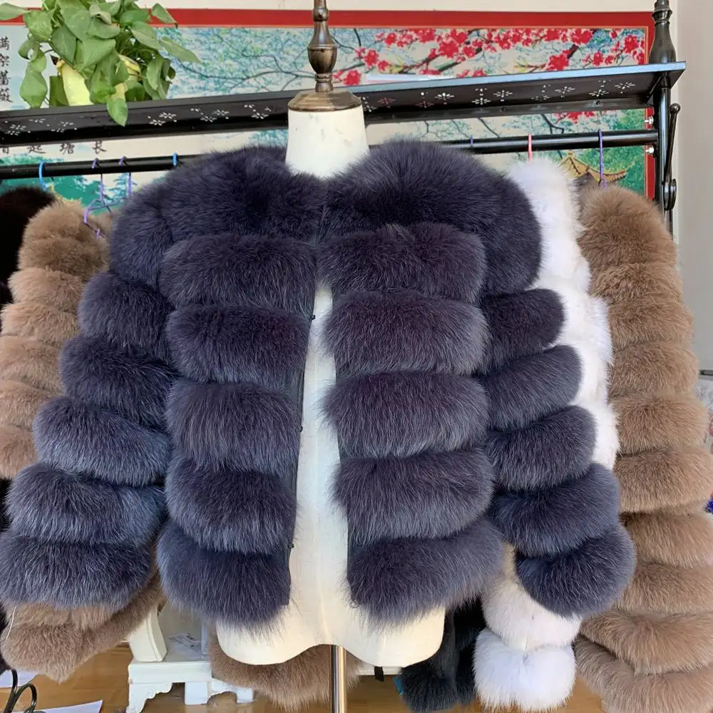 NEW 50CM Women Warm Real Fox Fur Coat Short Slim Winter Genuine Fur Jacket Fashion Outwear Luxury Natural Fox Fur Coat For