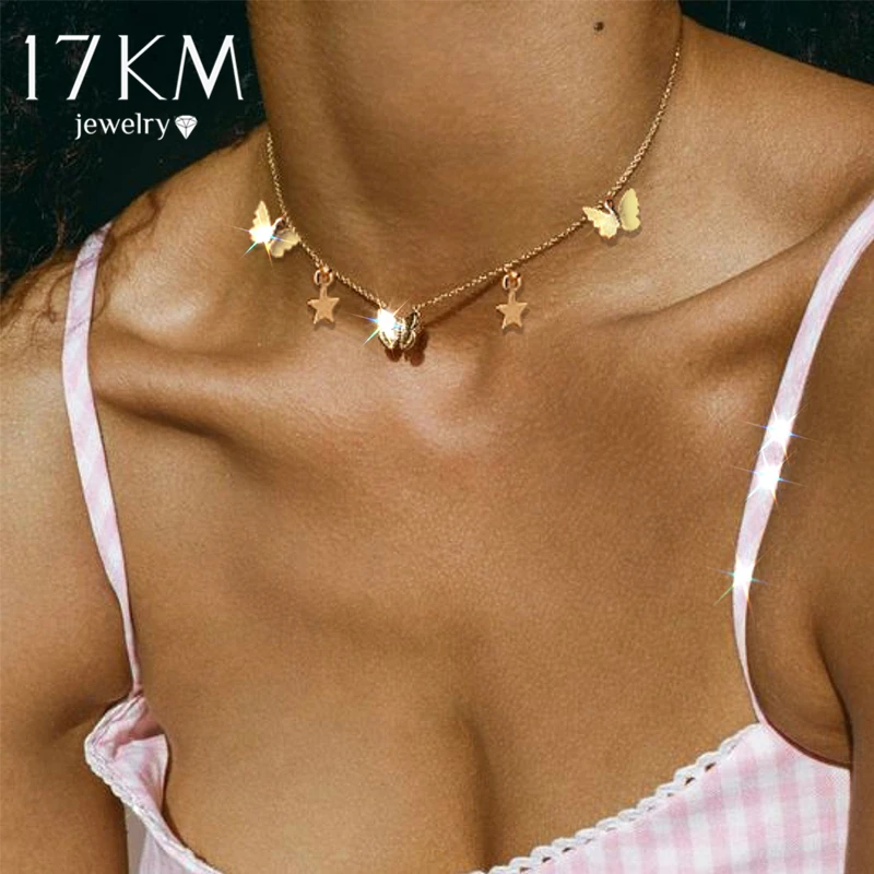 Star Pendant Necklace Jewelry 17KM Gold Butterfly Women Punk Silver-Color Trendy Gift