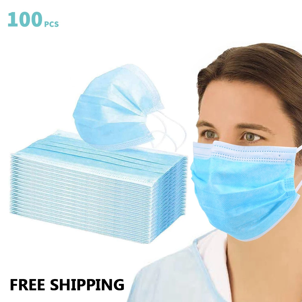 

100pcs Anti-Pollution 3 Layer Face Masks Dust Protection Disposable Elastic Ear Loop Dust Filter Safety Mask