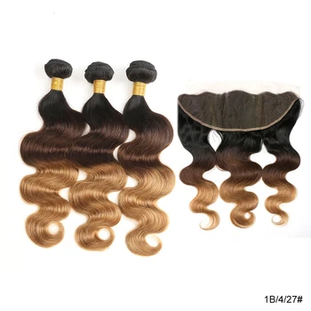 

4 Tone Color Lace Frontal with Remy Hair Bundles Brazilian Body Wave with Closure 1B/4/27 Ombre Human Hair with Frontal 150%