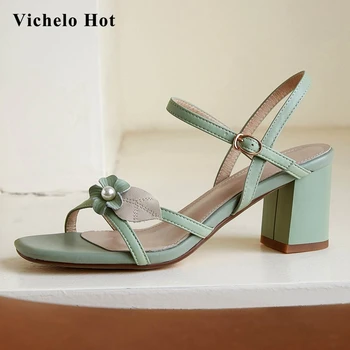 

Vichelo Hot natural leather peep toe high heels flower pearl decorations summer essential beauty lady vacation sandals women L07