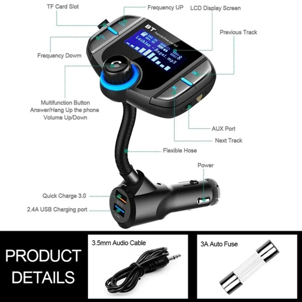 QC3.0+ 2.4A автомобильный музыкальный приемник универсальный динамик телефон беспроводной Bluetooth приемник для громкой связи Прямая поставка