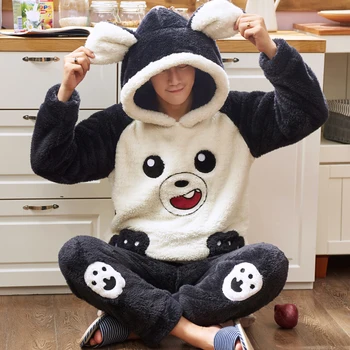 

Cute Cartoon Winter Pajamas for Men Warm Anime Sleepwear 2 Pcs Hooded Christmas Costumes Thicken Male Home Clothes Pyjama Suit