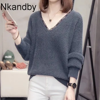 

Plus Size V-neck Knit Sweaters Women Autumn Winter Elegant Lace Trim Loose Imitation Mink Cashmere Korean Lady Pullovers Jumpers