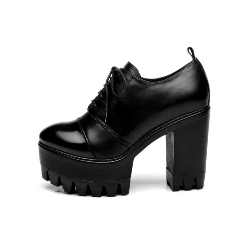 England Style Platform Shoes Women Top Quality High Heel Genuine Cow Leather Ankle Boots 2020 Winter Lace Up Ladies Pumps | Обувь