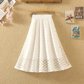 

Lace Elastic Waist Skirt Women 2019 Summer Autumn New Women Dot Hollow Out Lace Skirts Female Mid Skirt Red Black White Gray