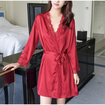 

2 Pieces Lace Satin Women Robe Gown Sets Long Sleeve V-Neck Backless Female Pajamas Set 2020 Summer Spring Nightwear Sexy Kimono